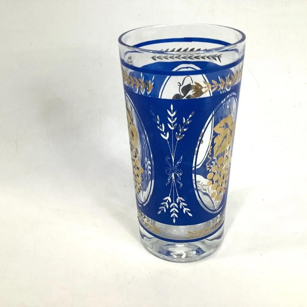 Vtg Mid Century Cobalt Blue Wheat Gold Grapes‎ Glass Drinking Tumbler 2.5